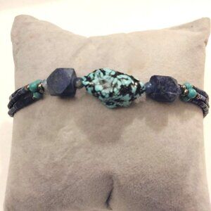 Lapis Beaded Bracelet Natural Stone Accents Handmade Hook Closure 8 inch